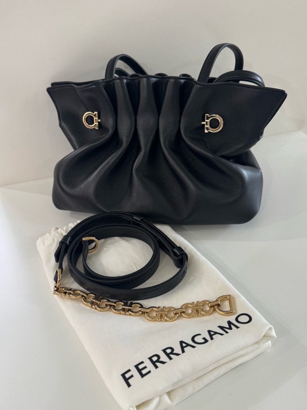 LIKE NEW - Ferragamo Small Black Leather Handbag with Gold Hardware